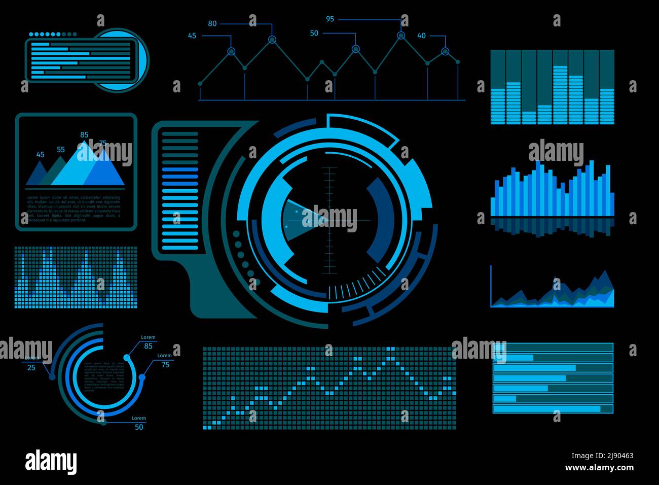 Futuristische blaue Touch-Benutzeroberfläche. System-Display-Bildschirm, Technologie digitale elektronische Dashboard mit Infografik. Vektorgrafik Stock Vektor