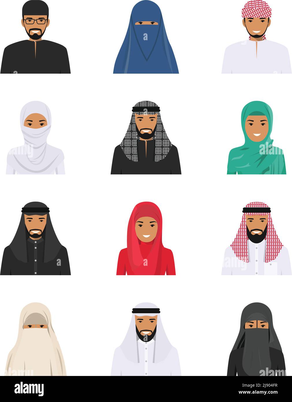 Detaillierte Illustration der verschiedenen arabischen Menschen Avatare Ikonen in der traditionellen nationalen muslimischen arabischen Kleidung auf weißem Hintergrund in fl Stock Vektor