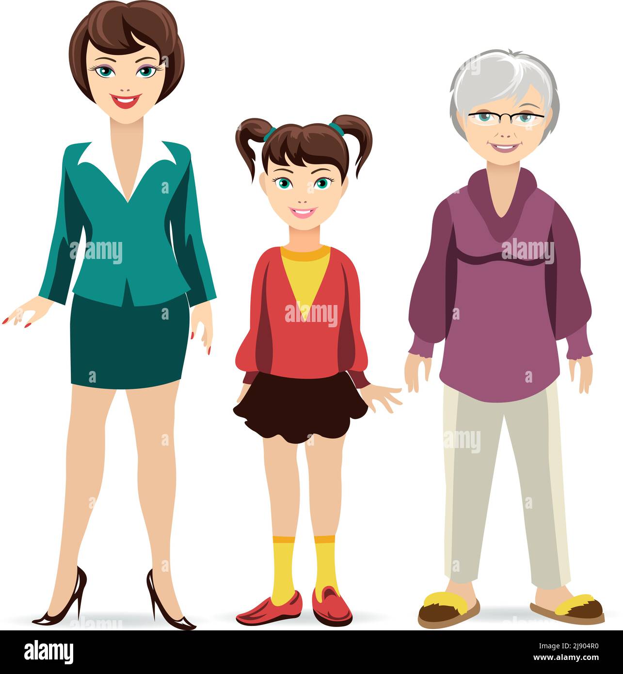 Frauen im Alter von drei Jahren. Tochter, Mutter und Großmutter. Generation und Jugend, Reife und Alter. Vektorgrafik Stock Vektor