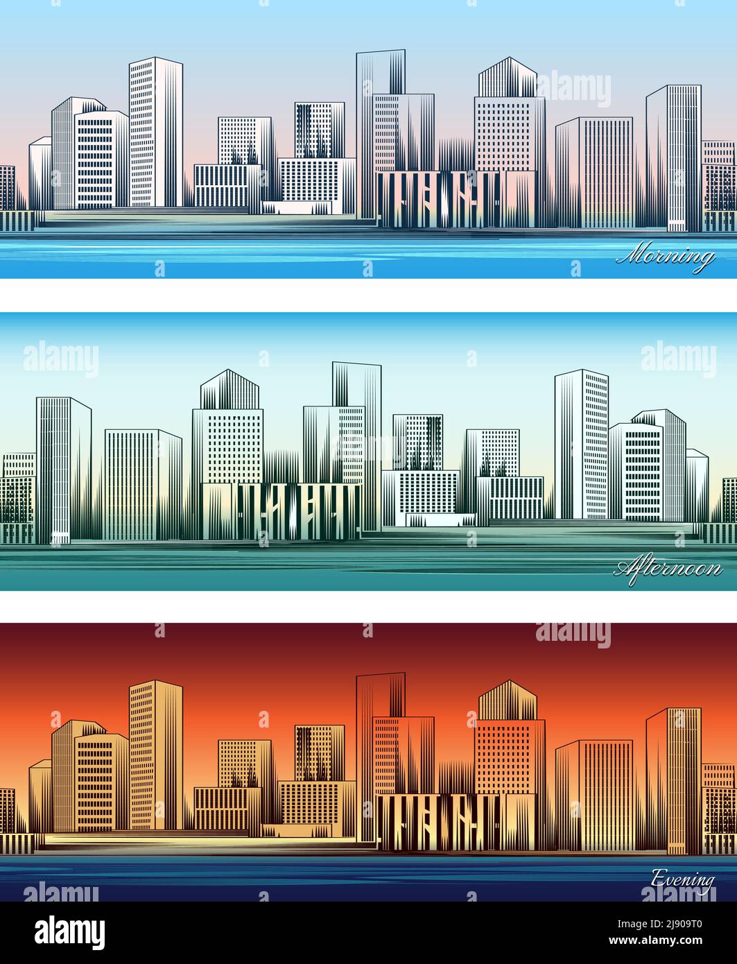 Set von Stadt Skylines am Morgen, Nachmittag und Abend Hintergründe nahtlos. Twilight und Geschäftsviertel. Vektorgrafik Stock Vektor