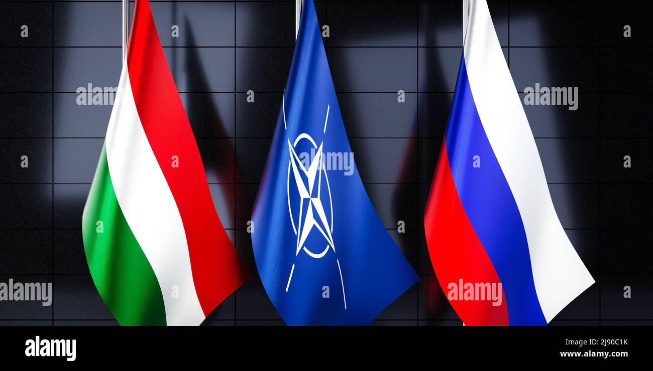 Ungarn, NATO und Russland Flaggen - 3D Abbildung Stockfoto