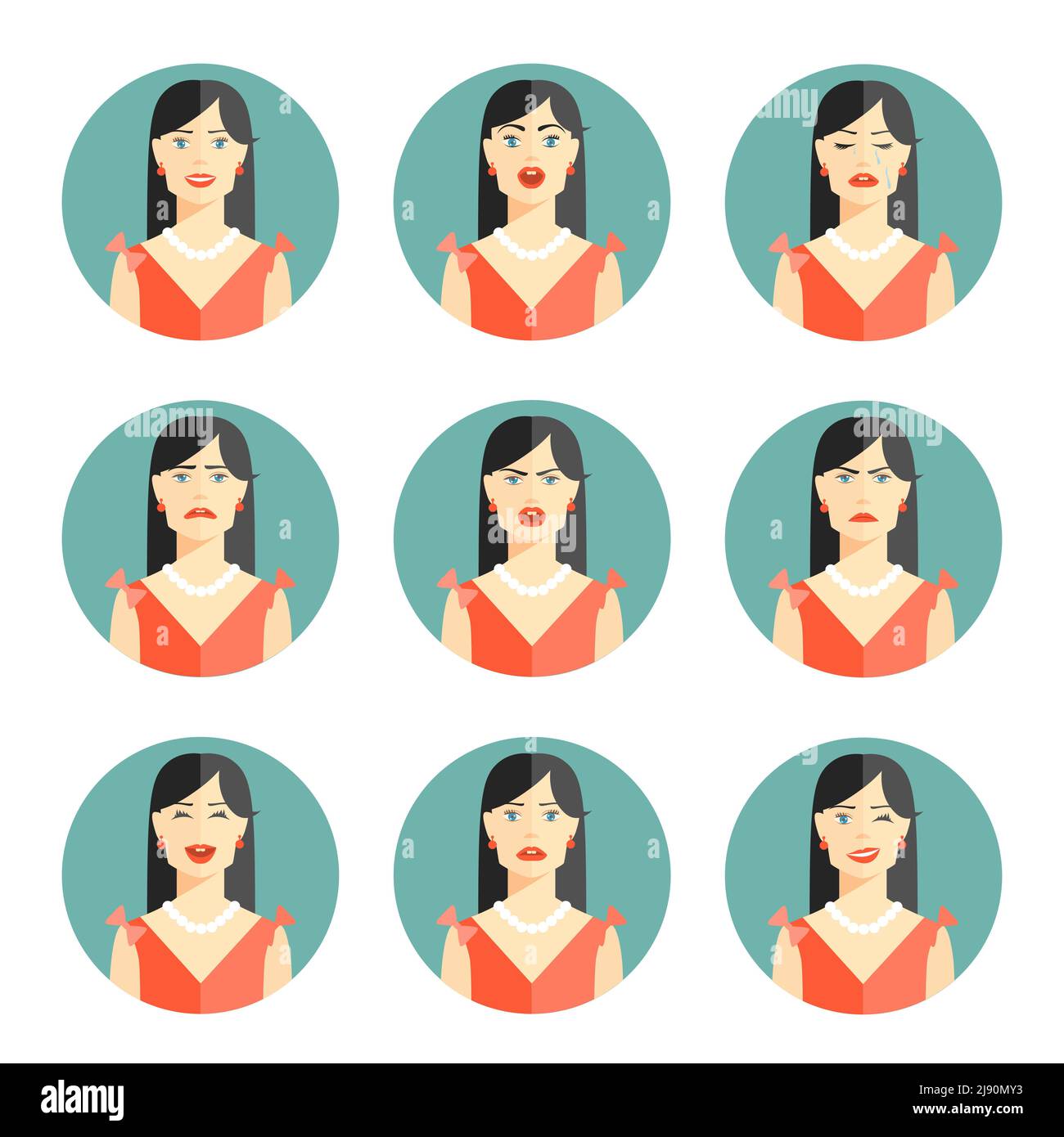 Set von neun verschiedenen Frauen Emotionen Darstellung Glück Freude Traurigkeit Sorge Wut Frustration Unglauben und Verwirrung in Kopf und Schulter Pose i Stock Vektor