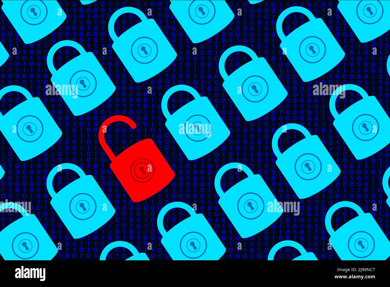 Kaputtes Datensicherheits- oder Datenschutzkonzept. Muster aus geschlossenen Vorhängeschlössern und geöffneten Vorhängeschlössern auf binärem Code-Hintergrund. Hacker-Angriff auf Cyberkriminalität. Vektor-Abb. Stock Vektor