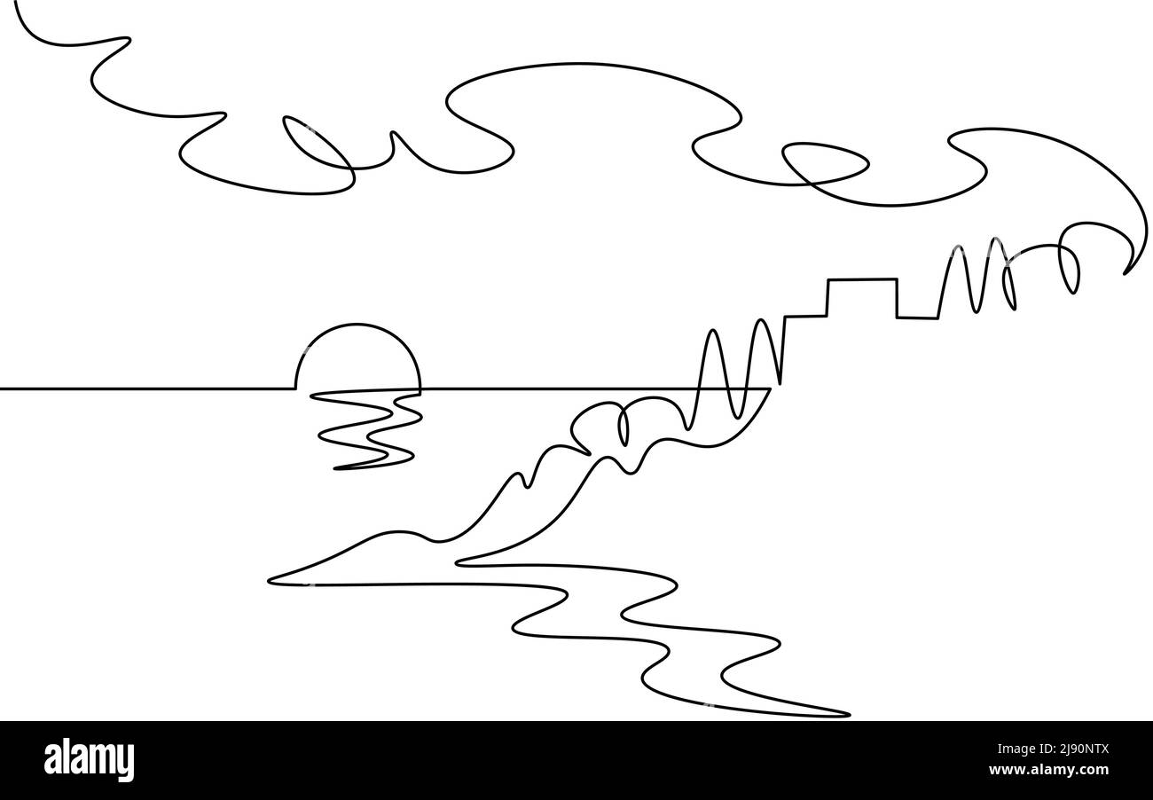 Ein einziges, durchgehendes, einzeiliges Art-Zimmer mit sonnigem Meerblick Meeresreise Sonnenaufgang Urlaub tropischer Luxus Reise Sonnenuntergang Konzept Entwurf Skizze skizzieren Zeichnung Stock Vektor