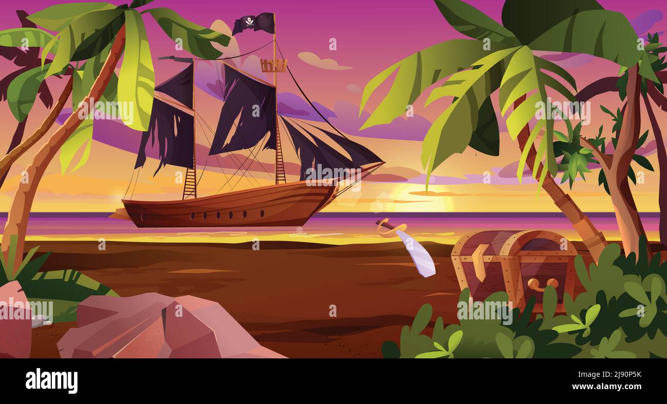 Segelndes Piratenschiff mit schwarzen Fahnen im Meer und Truhe am Ufer. Segelboot aus Holz auf dem Wasser. Sonnenuntergang oder Sonnenaufgang, Morgendämmerung auf dem Meer mit Wolken in der sk Stock Vektor