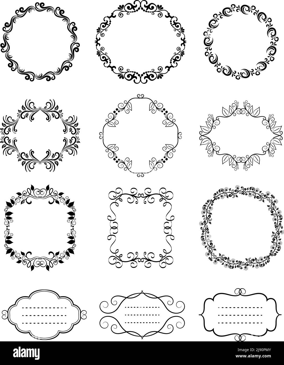 Abgerundete Schwarz Vektor Vintage Floral Ornamental Rahmen und Bordüren für Kartenschmuck Stock Vektor