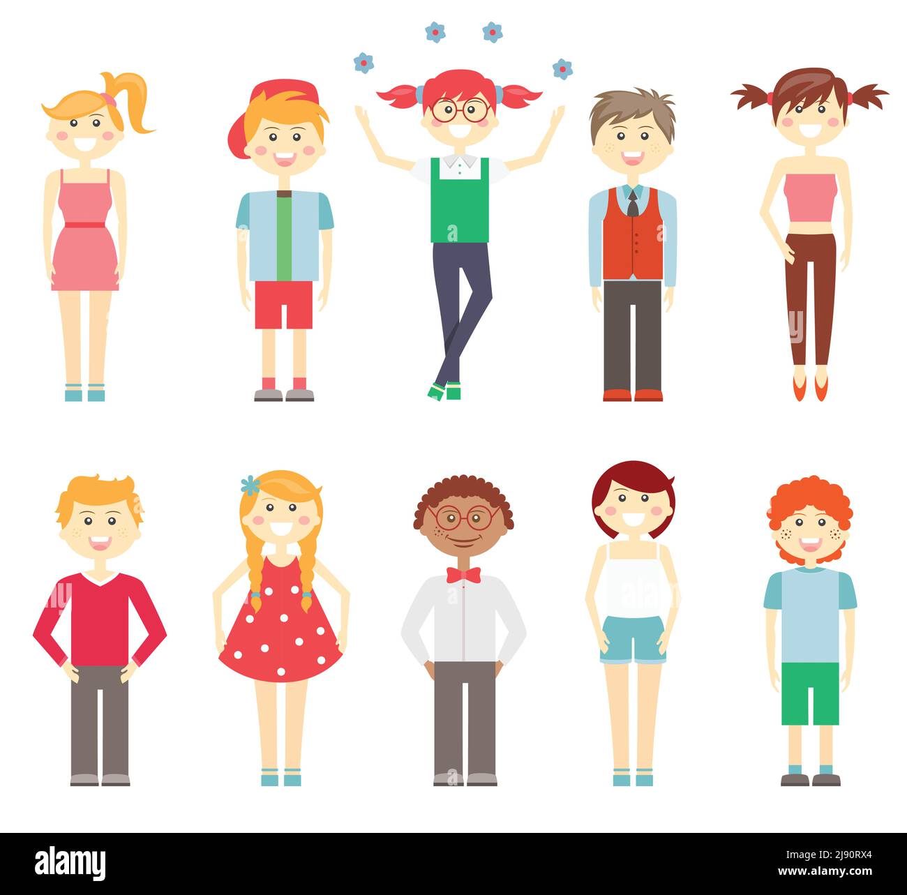 Stellen Sie Vektorsymbole für kleine Kinder in farbenfroher Kleidung ein Mit multirassischen Mädchen und Jungen lachen und lächeln in smart Und Casual Outfits Kleider s Stock Vektor
