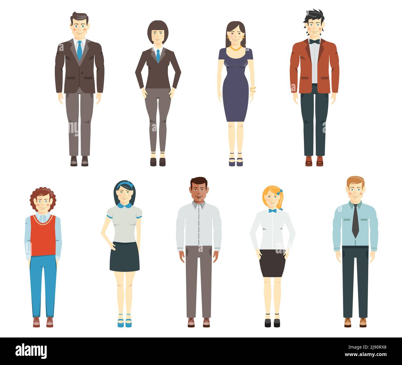 Set von flachen menschlichen Charakteren junge Männer und Frauen Mitglieder Einer Gruppe oder eines Teams von Mitarbeitern im Unternehmen, die im Büro arbeiten Oder formelle Kleidung in voller Länge Stock Vektor