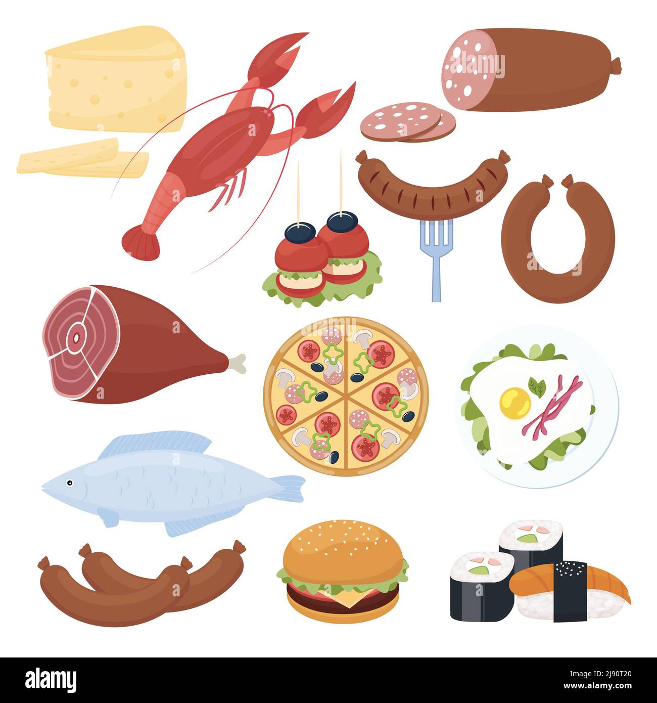 Satz von traditionellen Vektor-Food-Symbole für ein Menü mit Ein Hummer Salami Pizza Cheeseburger Braten Fleisch Spiegeleier Wurst Fisch Sushi Meeresfrüchte ch Stock Vektor