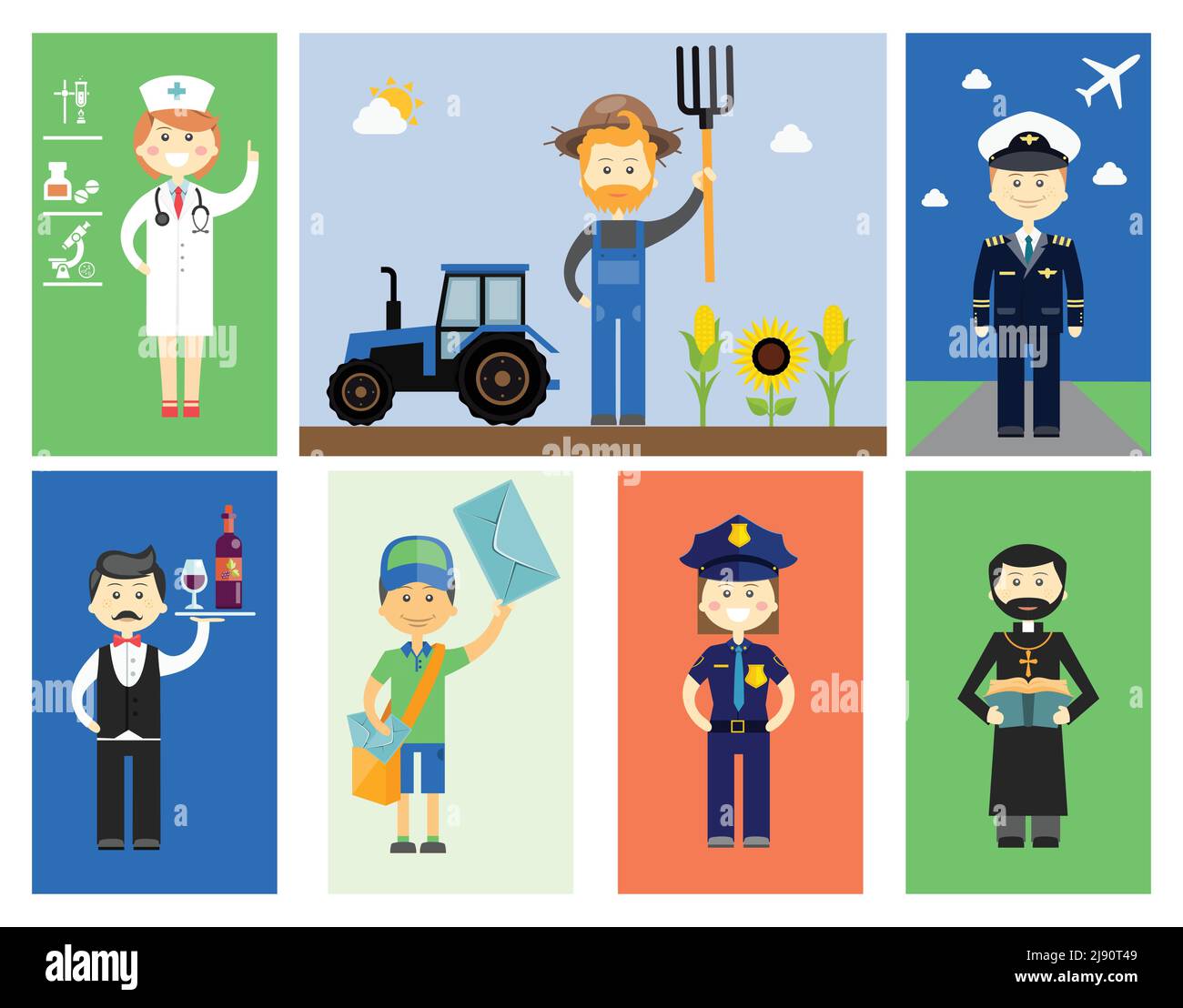 Set von Männern und Frauen professionelle Charaktere mit bunten Vektor Ikonen eines Arztes oder Krankenschwester Landwirt mit einem Traktor Und Sonnenblumen Pilot Kellner oder w Stock Vektor