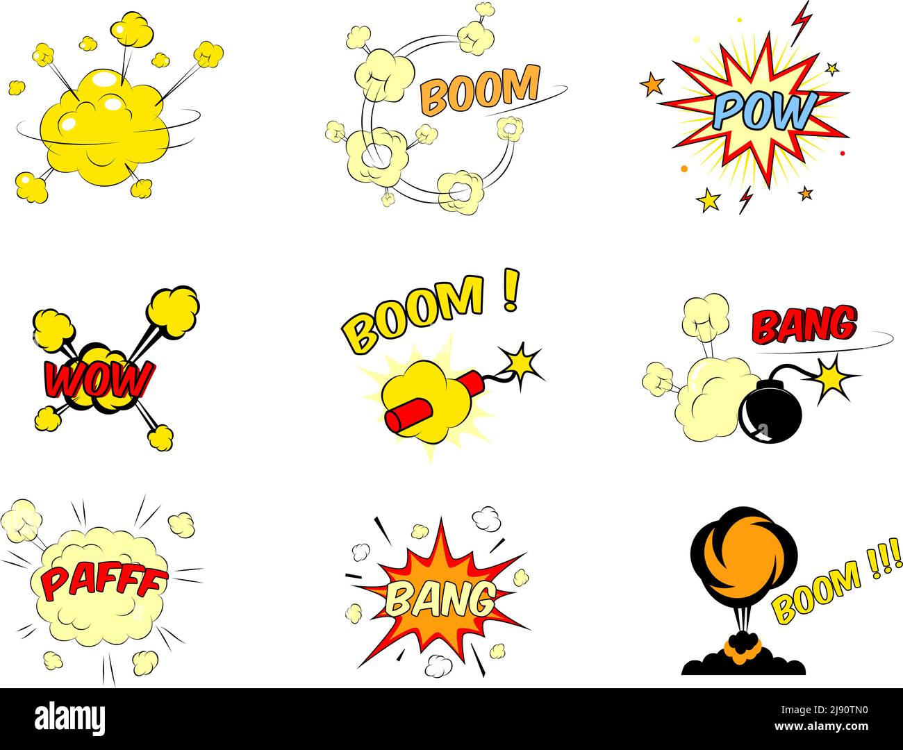 Satz von bunten leuchtend roten und gelben Comic-Cartoon-Text Explosionen, die einen Boom pow wow Dynamit Bombe bang pafff knall und Bodenexplosion Stock Vektor