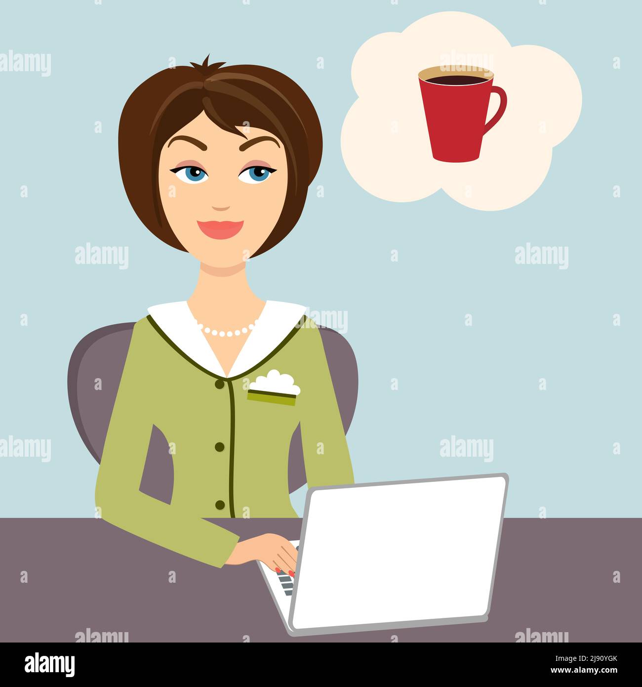 Vektor-Illustration einer attraktiven jungen Sekretärin, die bei ihr sitzt Schreibtisch mit Laptop-Computer, der von einem Becher träumt Erfrischender heißer Kaffee Stock Vektor