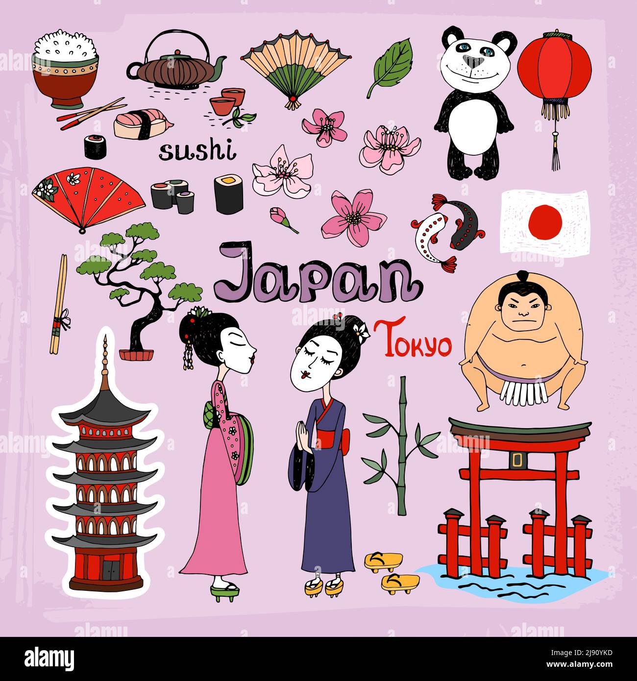 Japan Wahrzeichen und kulturelle Ikonen Vektor-Set mit Geisha Mädchen Torii Gates Sumo Wrestler Fans Panda Papier Laterne Bonsai Kirsche Blossom Koi Stock Vektor