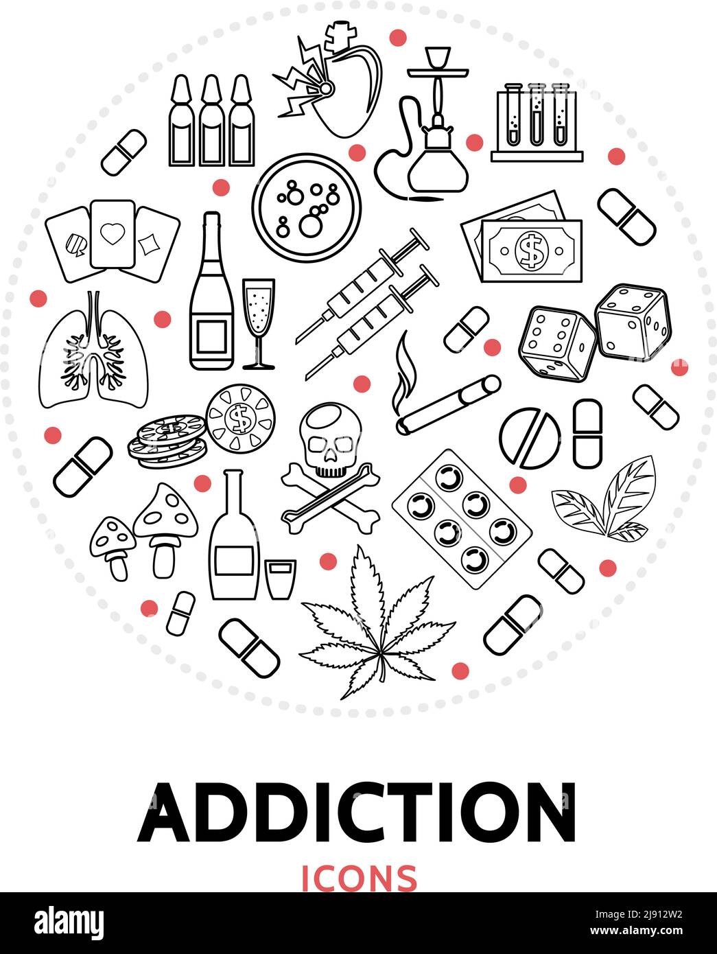 Schädliche Süchte rund Konzept mit kranken Lungen Alkohol Schädel Shisha Marihuana Blätter Drogen Zigarette Würfel Geld Spritzen Pilze Chips Linie Symbole Stock Vektor