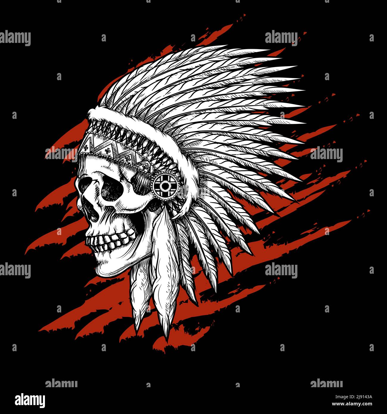 Indischer Stammesschädel mit Federn Emblem. Azteken und Mohawk, apache und Krieger. Vektorgrafik Stock Vektor