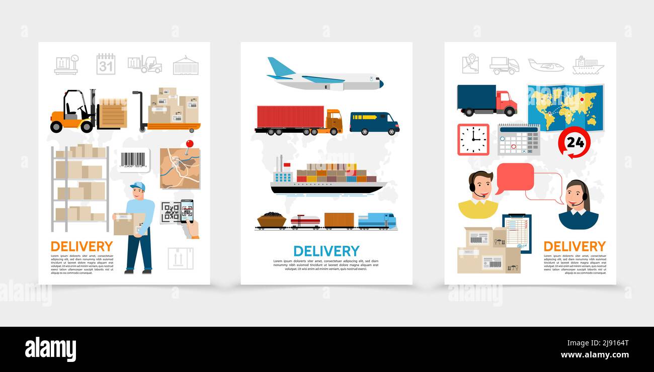 Flache Lieferplakate mit Lagerarbeiter Gabelstaplerpakete Weltkarte Kalender Betreiber Zug van LKW Schiff Flugzeug Transport Vektor illustrr Stock Vektor