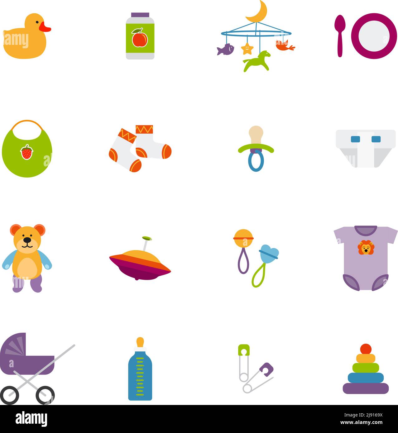 Niedliche Farbe Baby-Symbole gesetzt. Spielzeug und Kindheit, Kinderwagen und Ente, Vektorgrafik Stock Vektor