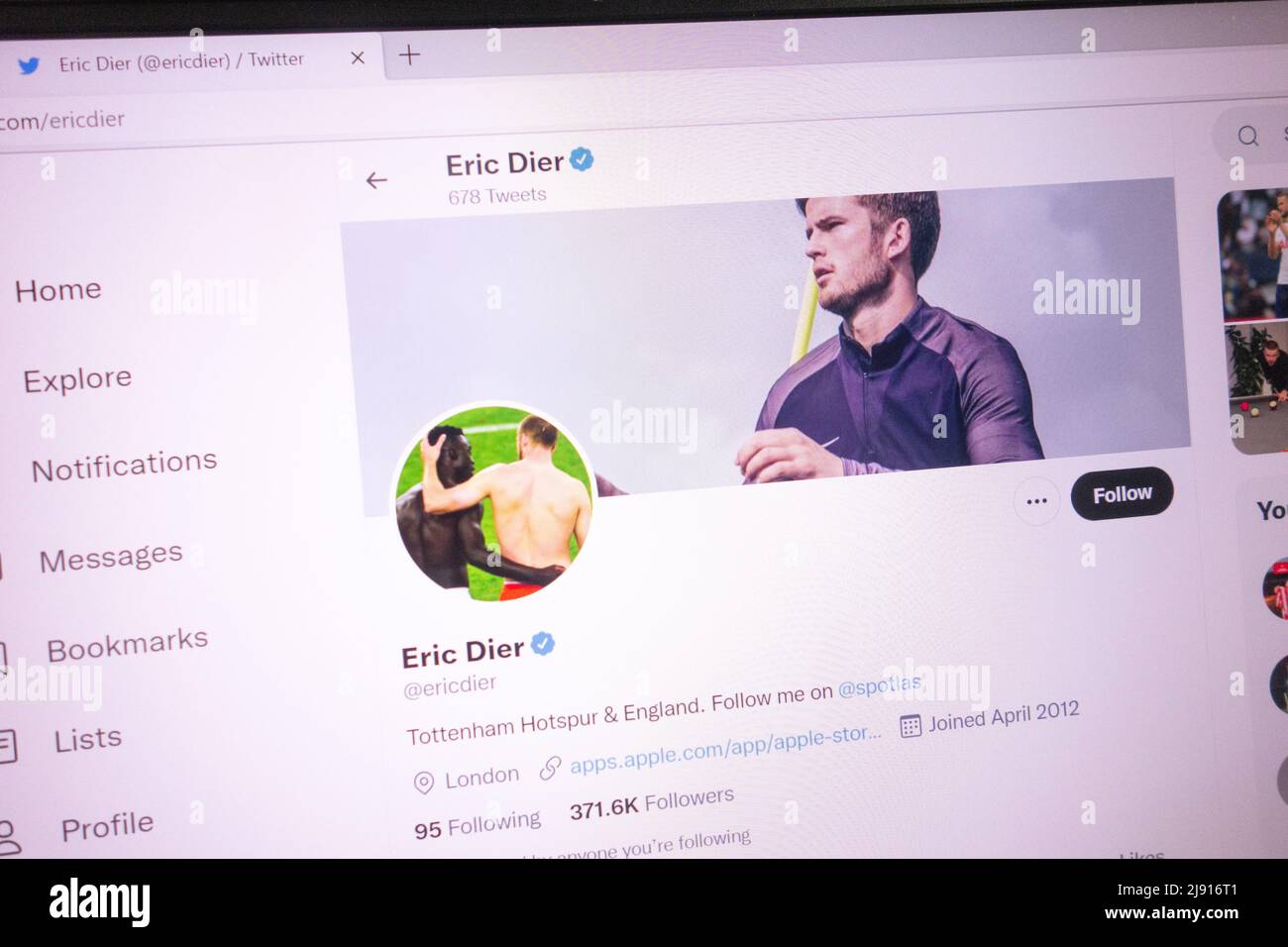 KONSKIE, POLEN - 18. Mai 2022: Eric Dier offizieller Twitter-Account auf dem Laptop-Bildschirm angezeigt Stockfoto