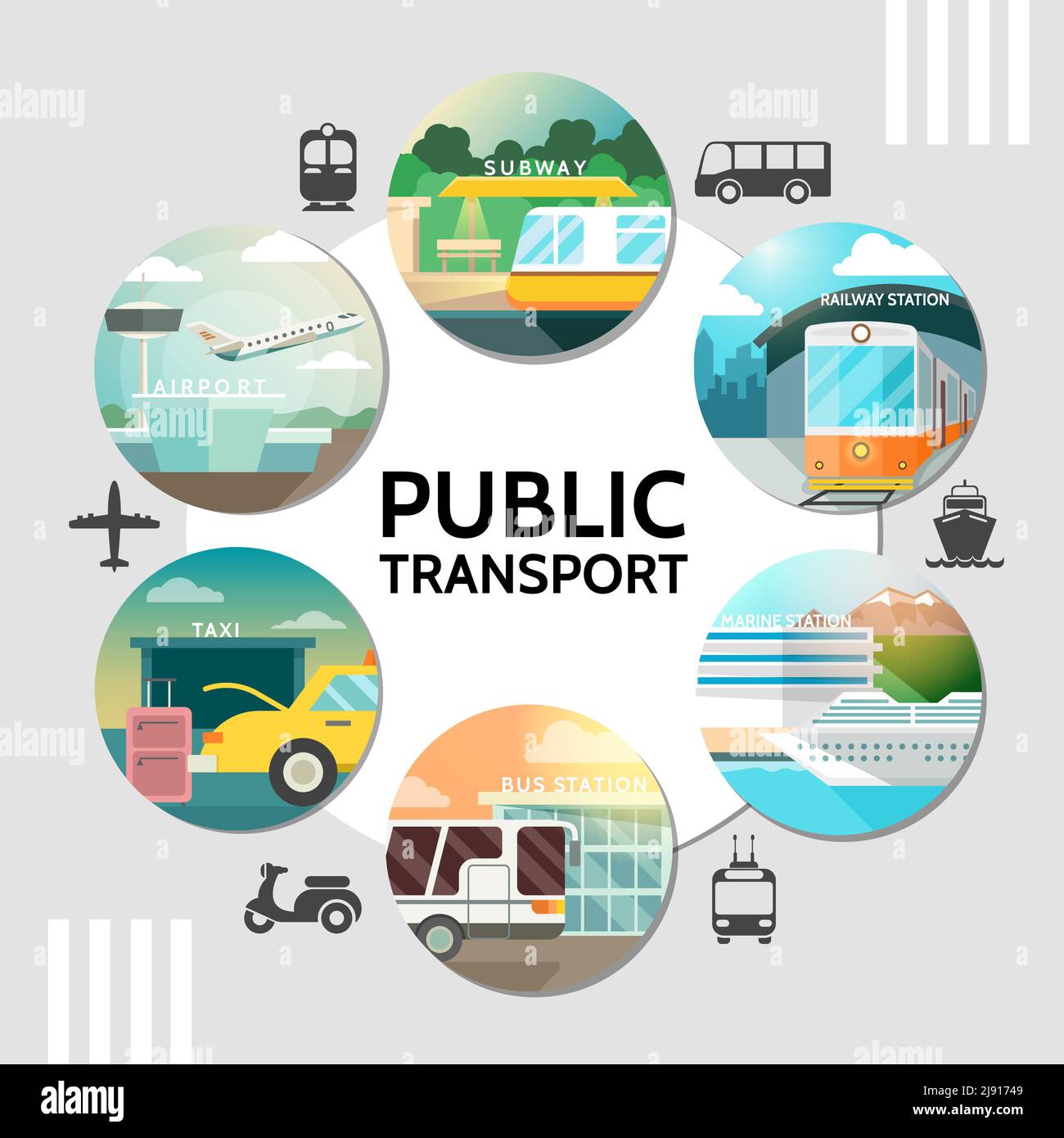 Flache öffentliche Verkehrsmittel rund Konzept mit Flugzeug U-Bahn Bahnfahrt Schiff Bus Taxi Roller Tram isoliert Vektor Illustration Stock Vektor