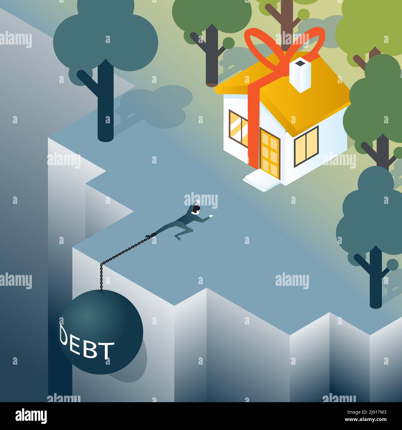 Geschäftsmann oder Verbraucher mit Schuldengewicht steigt aus dem Abgrund. Haus und Schulden, Hypothek und Immobilien. Vektorgrafik Stock Vektor