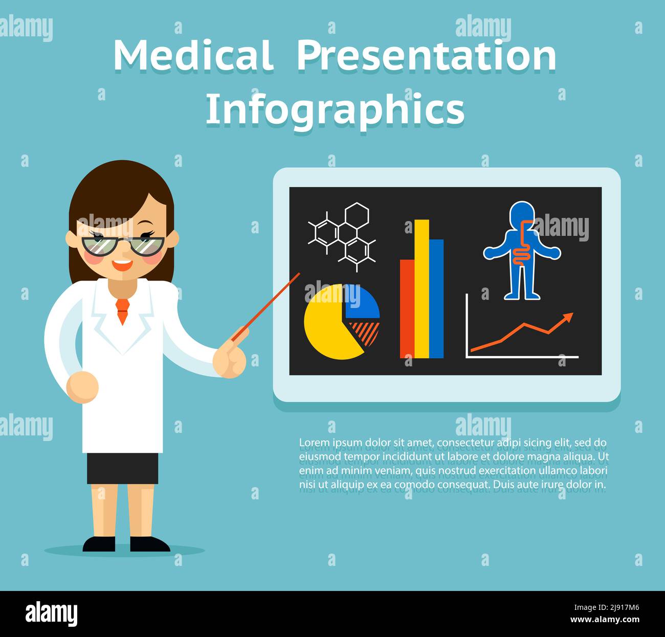 Präsentation Der Medizinischen Infografiken. Ärztin zeigt Diagramm und Diagramm und Grafiken auf Tafel. Vektorgrafik Stock Vektor