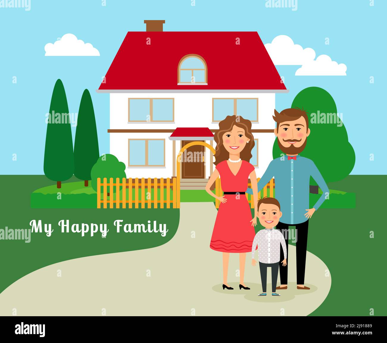Glückliche Familie in der Nähe des Hauses. Vater Mutter und Sohn, und Haus mit rotem Dach. Vektorgrafik Stock Vektor