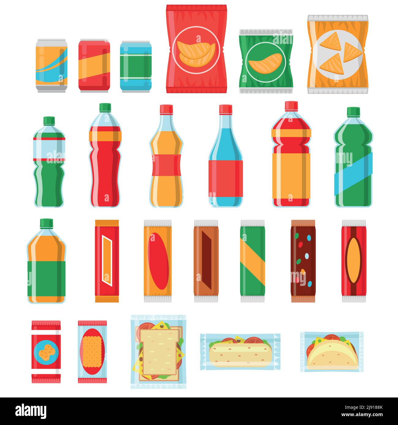 Fast-Food-Snacks und Getränke flach Vektor-Symbole. Verkaufsautomaten, Snack-Lebensmittel, Chip-Produkt, Pack Snack Illustration Stock Vektor