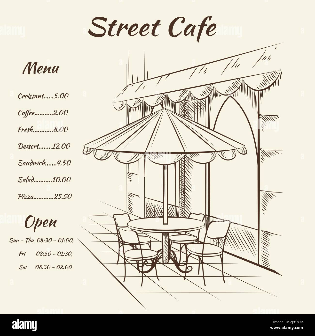 Handgezeichneter Straßencafé-Hintergrund. Menü Design, Skizze Restaurant Stadt, Außenarchitektur, Vektor-Illustration Stock Vektor