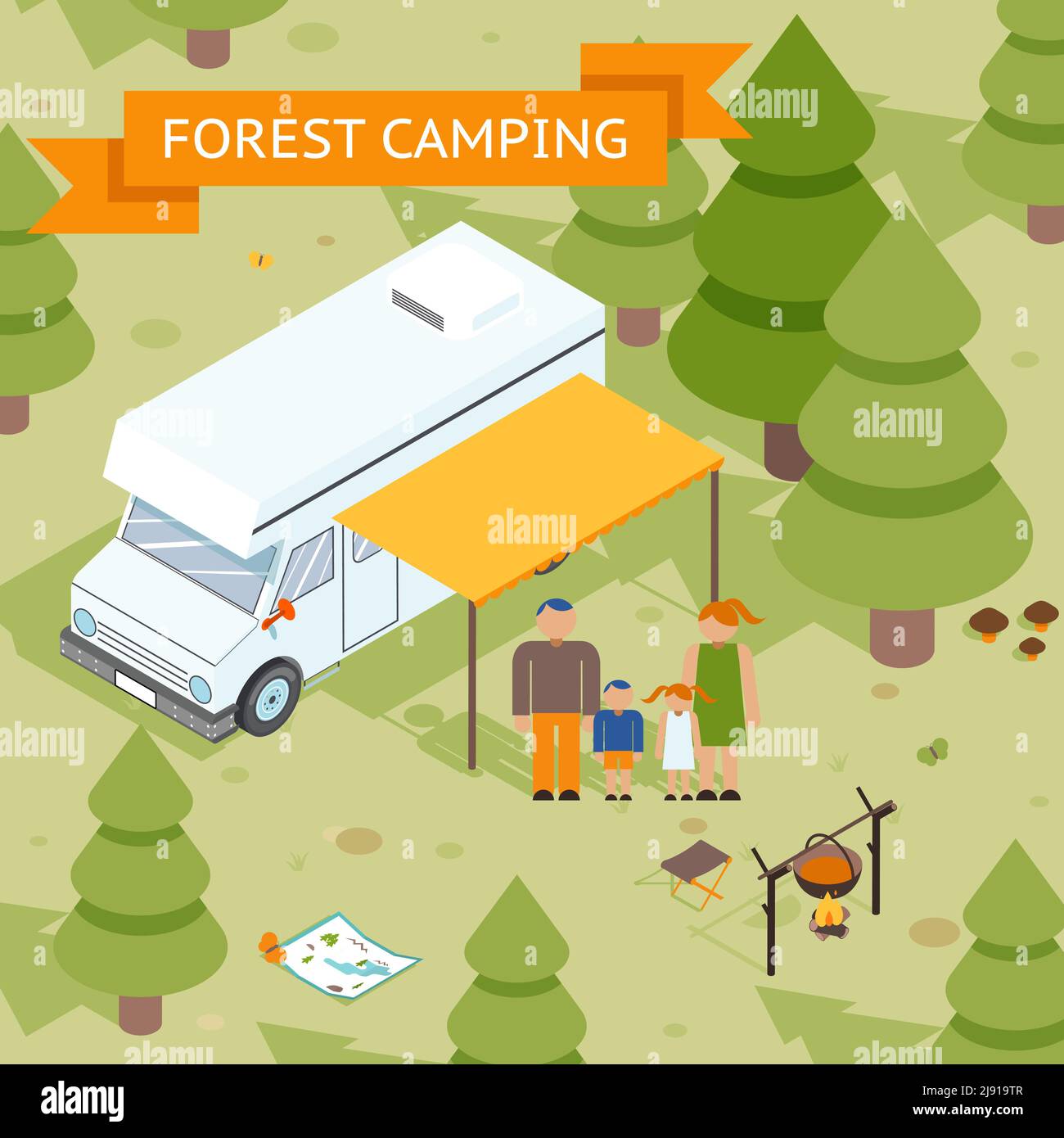 Familie isometrische Wald Camping. Papa Mutter Tochter und Sohn Rest in der Natur. Vektorgrafik Stock Vektor