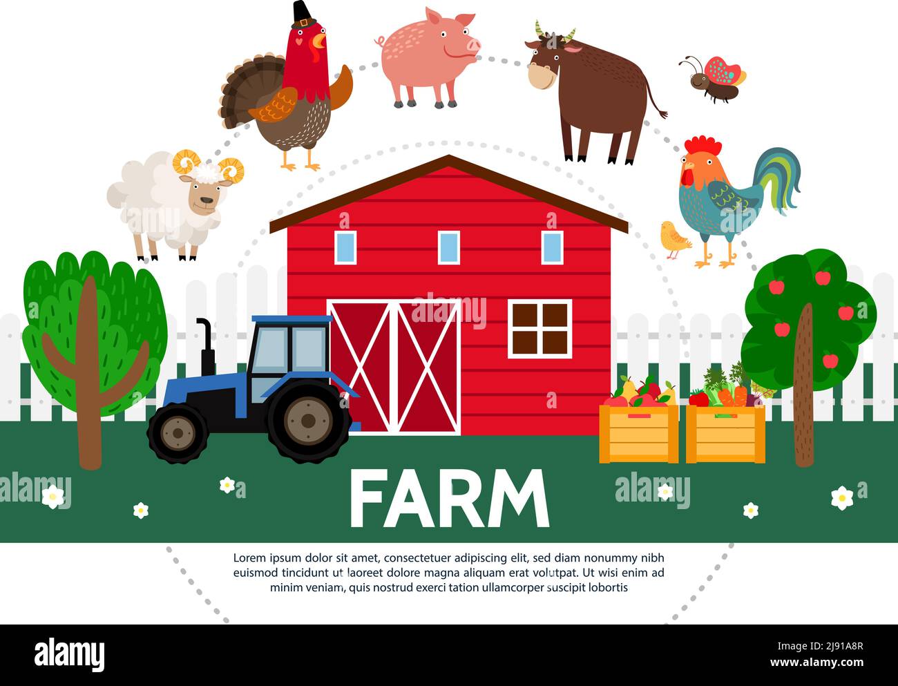Flat Farming Vorlage mit Scheunen Bäume Schafe türkei Schwein Stier Henne Schmetterling Traktor Kisten von Obst und Gemüse isoliert Vektor Abbildung Stock Vektor