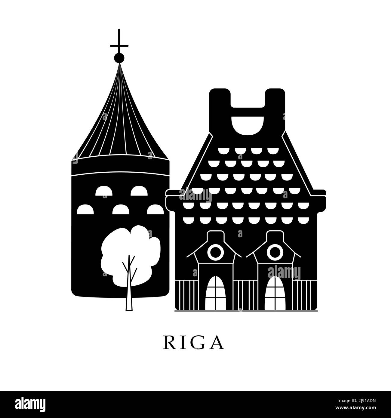 Europäische Hauptstädte, Riga. Schwarz-Weiß-Abbildung Stock Vektor