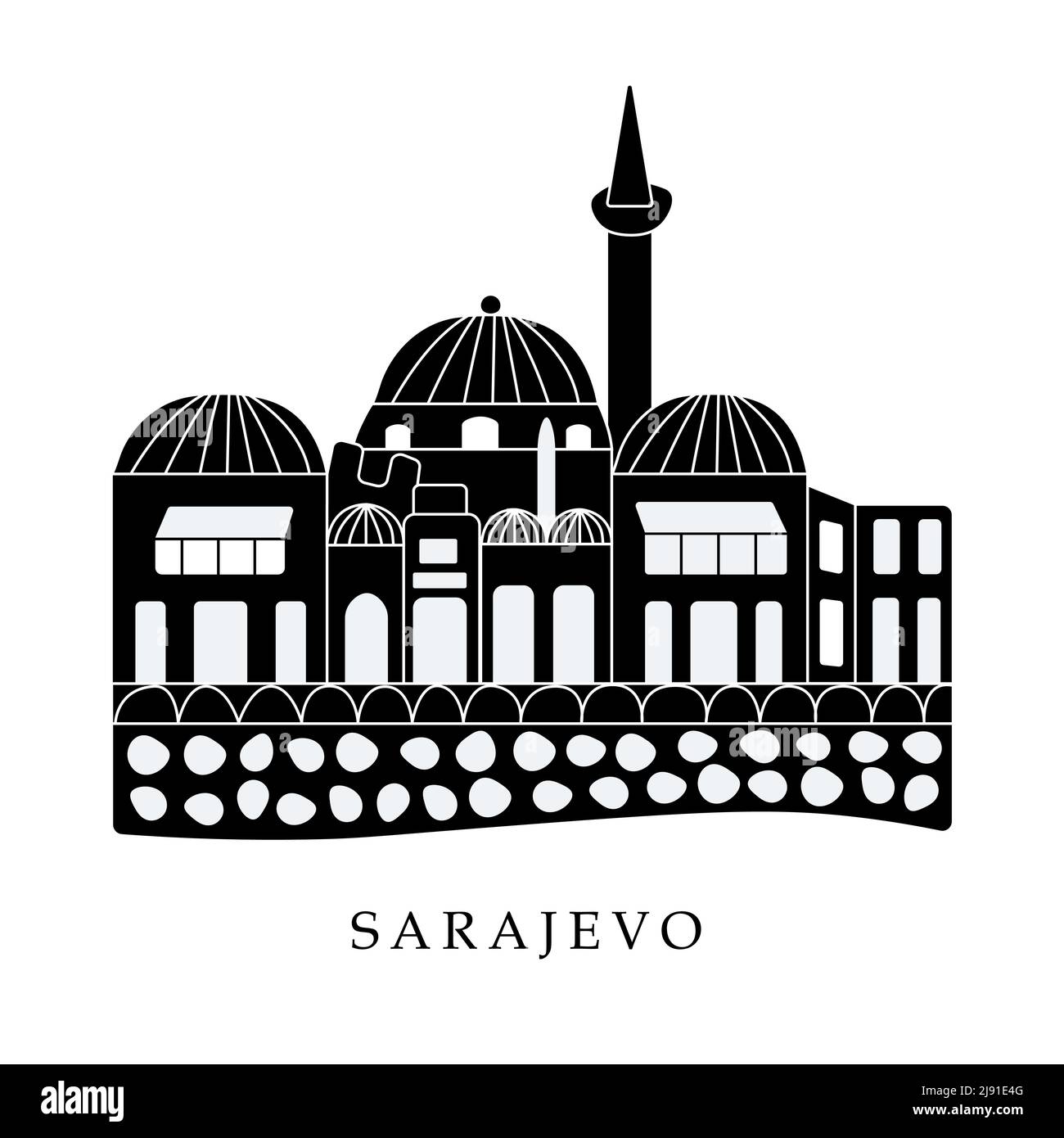 Europäische Hauptstädte, Sarajevo. Schwarz-Weiß-Abbildung Stock Vektor