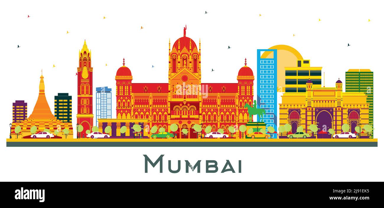 Mumbai India City Skyline mit farbigen Gebäuden isoliert auf Weiß. Vektorgrafik. Business Travel und Tourismus Konzept mit moderner Architektur. Stock Vektor