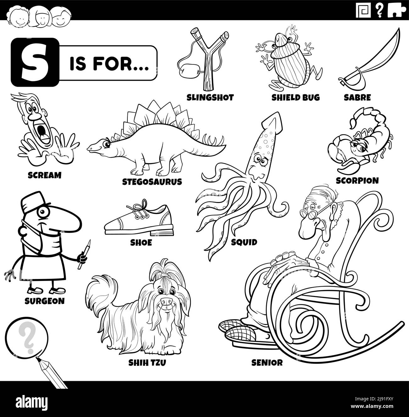 Schwarz-Weiß-Bildungs-Cartoon-Illustration für Kinder mit Comic-Figuren und Objekte für Buchstabe S Malbuch Seite gesetzt Stock Vektor
