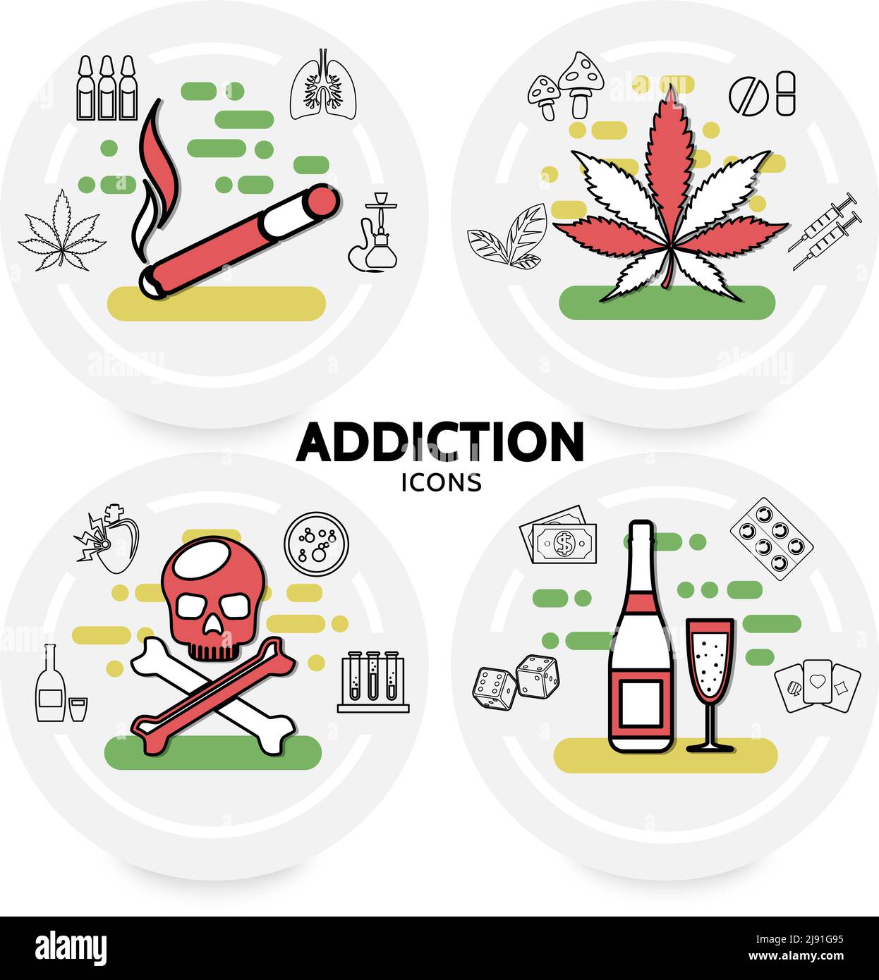 Gesundheitsschädlich sucht Konzept mit Zigarette Marihuana Blätter kranken Lungen Shisha Schädel Alkohol Geld Würfel Spielkarten Drogen Pilz Spritzen Linie Symbole Stock Vektor