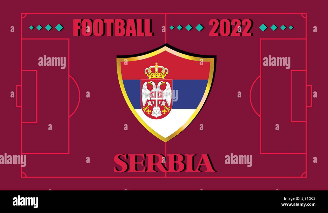 FIFA Fußball-Weltmeisterschaft Katar 2022. Team Serbien Flagge Design und Text auf Fußballfeld Hintergrund. vektor-Illustration. eps 10 Stock Vektor