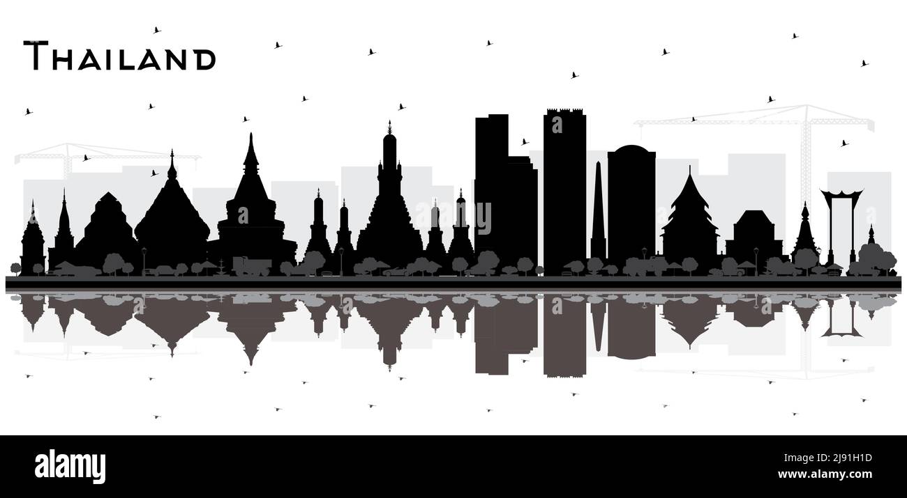 Thailand City Skyline Silhouette mit schwarzen Gebäuden und Reflektionen isoliert auf Weiß. Vektorgrafik. Tourismuskonzept. Stock Vektor