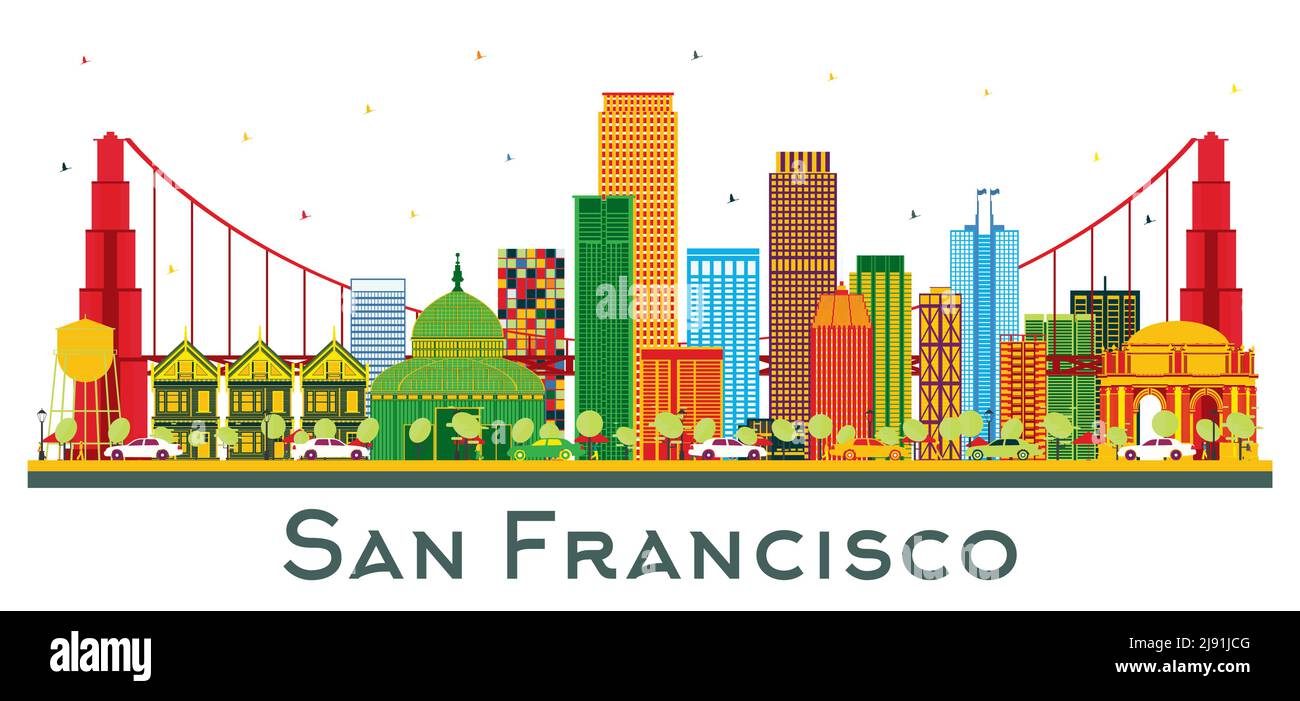 San Francisco USA Skyline mit farbigen Gebäuden isoliert auf Weiß. Vektorgrafik. Business Travel und Tourismus Konzept mit modernen Gebäuden. Stock Vektor