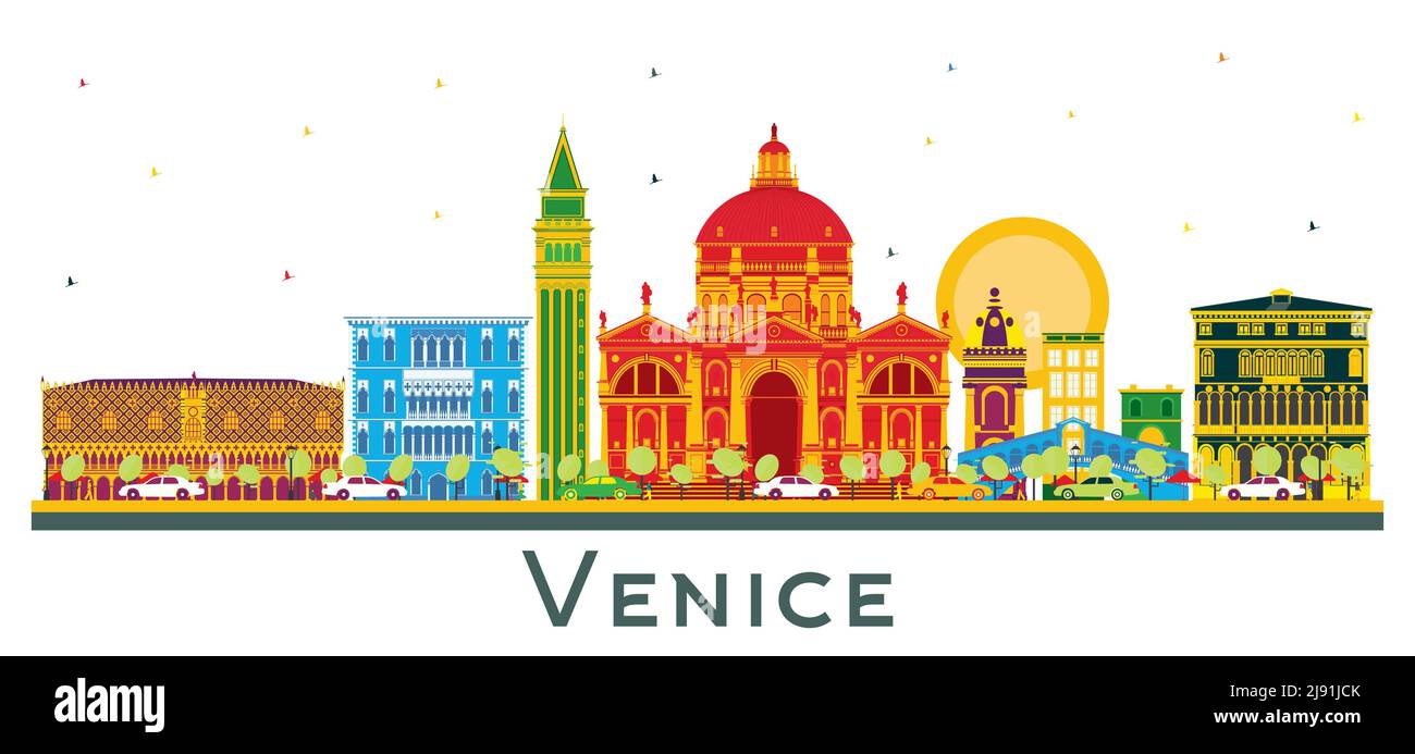 Venedig Italien City Skyline mit farbigen Gebäuden isoliert auf Weiß. Vektorgrafik. Business Travel und Tourismus Konzept mit historischer Architektur. Stock Vektor