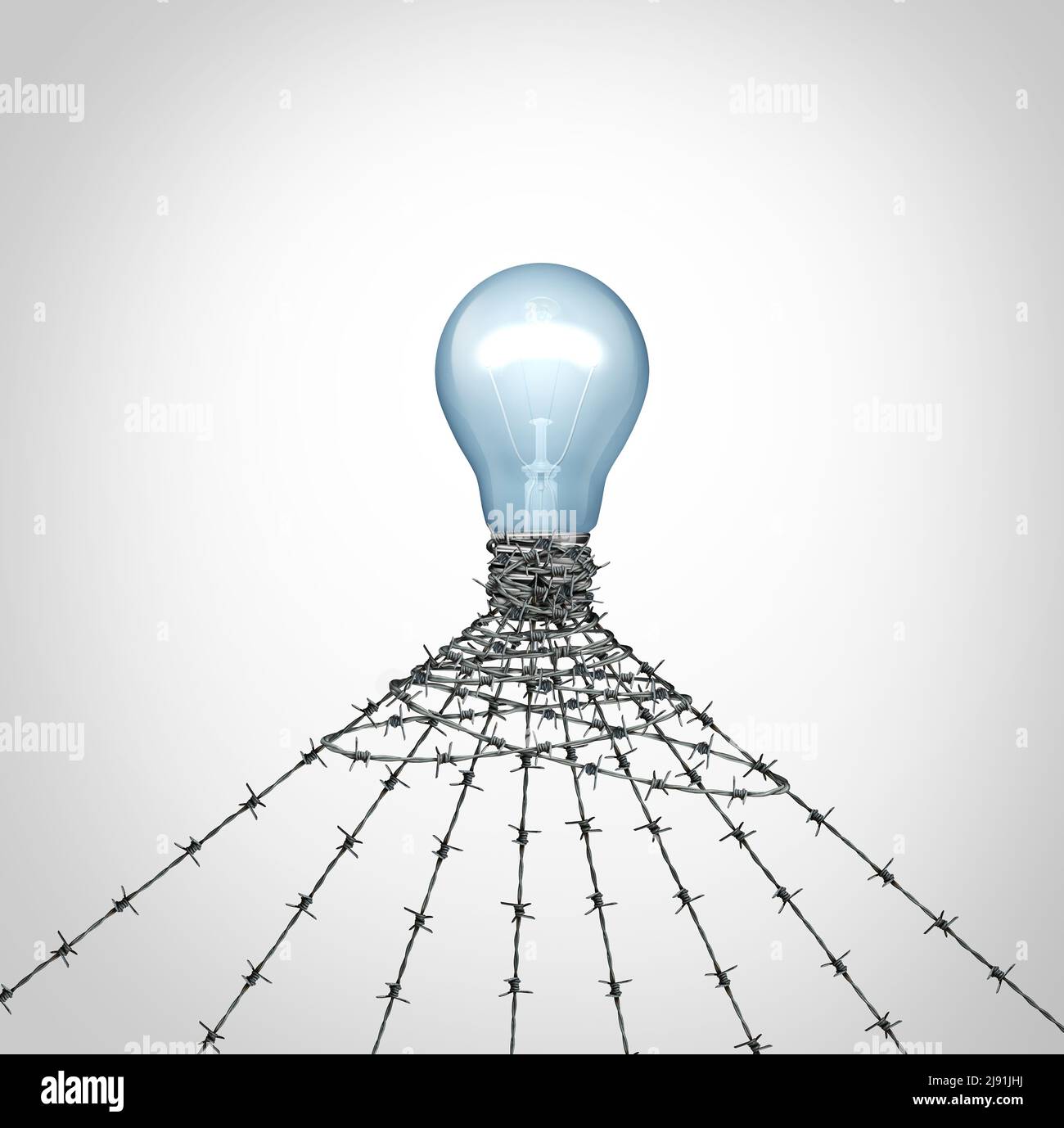 Schutz geistigen Eigentums und IP-Sicherheit und kreatives Recht Metapher wie eine Glühbirne in schützenden Stacheldraht mit 3D Abbildung gewickelt. Stockfoto