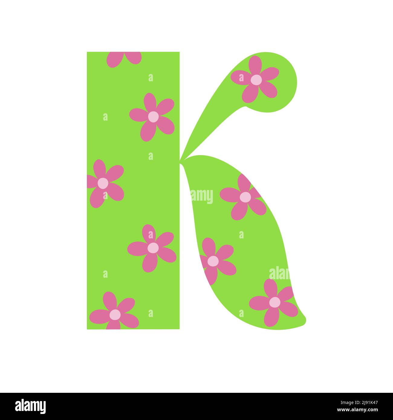 Capital leuchtend grün mit Frühlingsblumen von Hand gezeichneten Buchstaben K des englischen Alphabets einfache Cartoon-Stil Vektor-Illustration, kalligraphische abc, nette lustige Handschrift, Doodle und Schriftzug dekoriert Stock Vektor