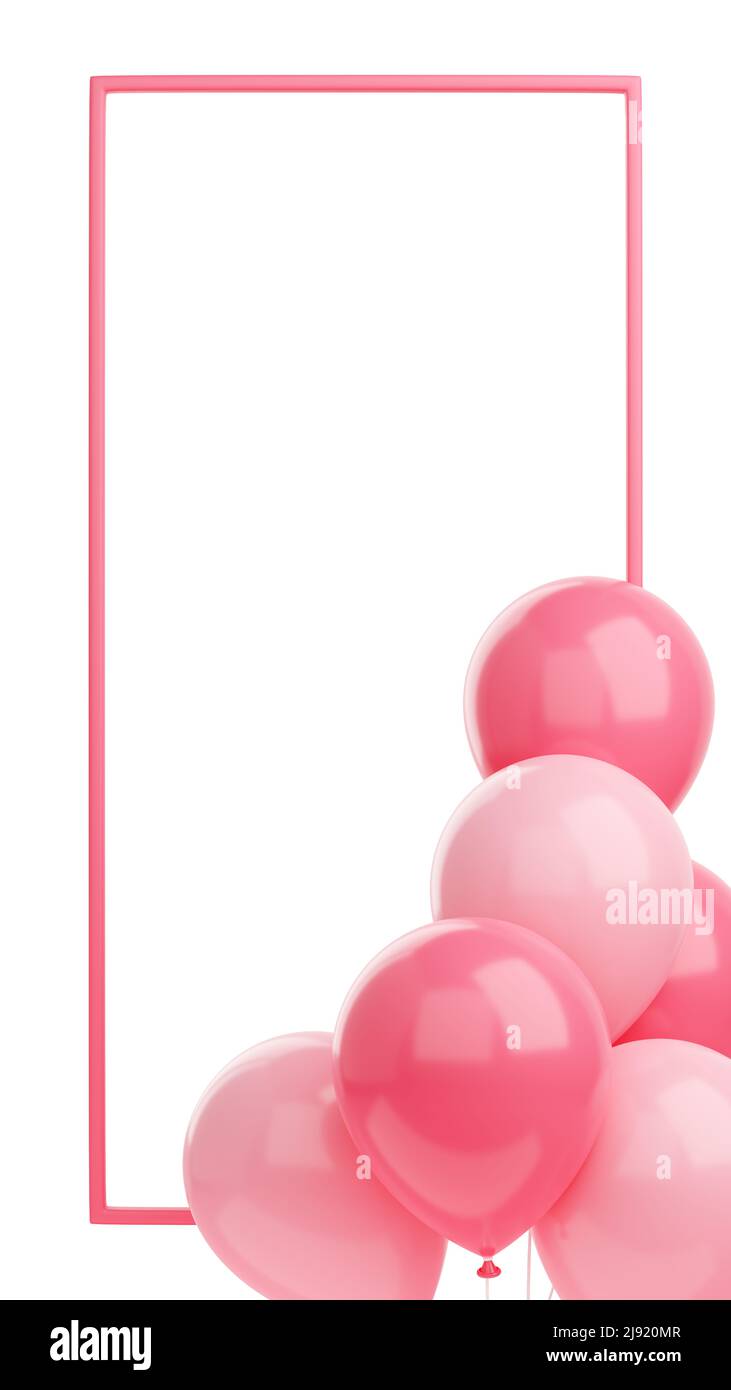 Gratulation Banner mit rosa Ballons und Rahmen auf weißem Hintergrund - 3D Render Social-Media-Geschichte Stockfoto