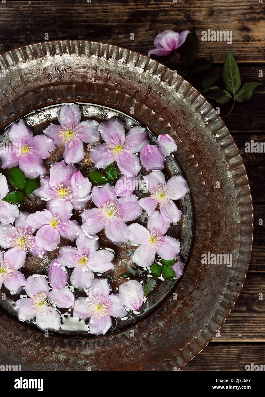 Draufsicht auf pastellrosa Clematis-Blüten in einer Vintage-Metallschüssel mit Wasser. Blumen, Pflanzen oder gesundes und entspannendes Konzept. Rustikaler Stil. Stockfoto