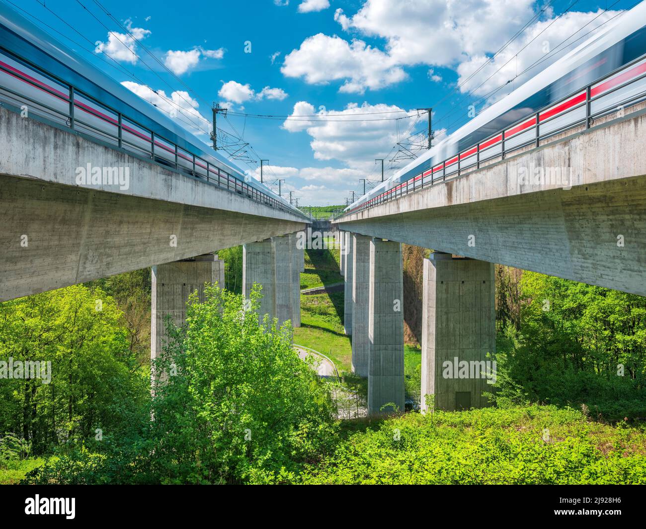 DIE ICE-Züge fahren über die Saubachtalbrücke, DIE ICE-Brücke, die neue Strecke Erfurt-Leipzig-Halle, das Viadukt bestehend aus zwei eingleisigen Brücken, Bad Bibra Stockfoto