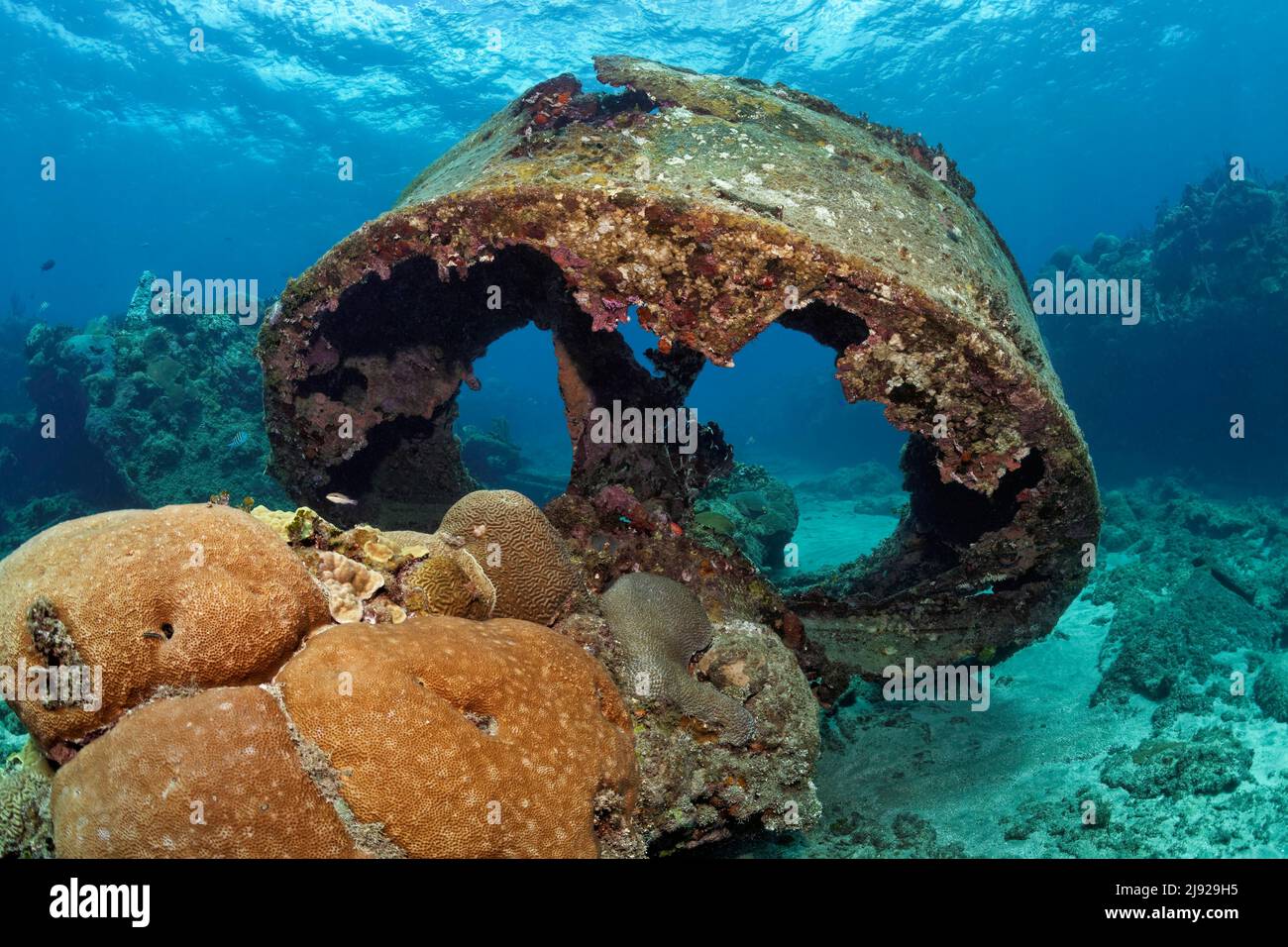 Geschützturm, Schiffswrack, Wrack auf Sandboden, Spanischer Panzerkreuzer Christobal Colon, am 03 in der Seeschlacht vor Santiago de Cuba auf Grund gelaufen Stockfoto