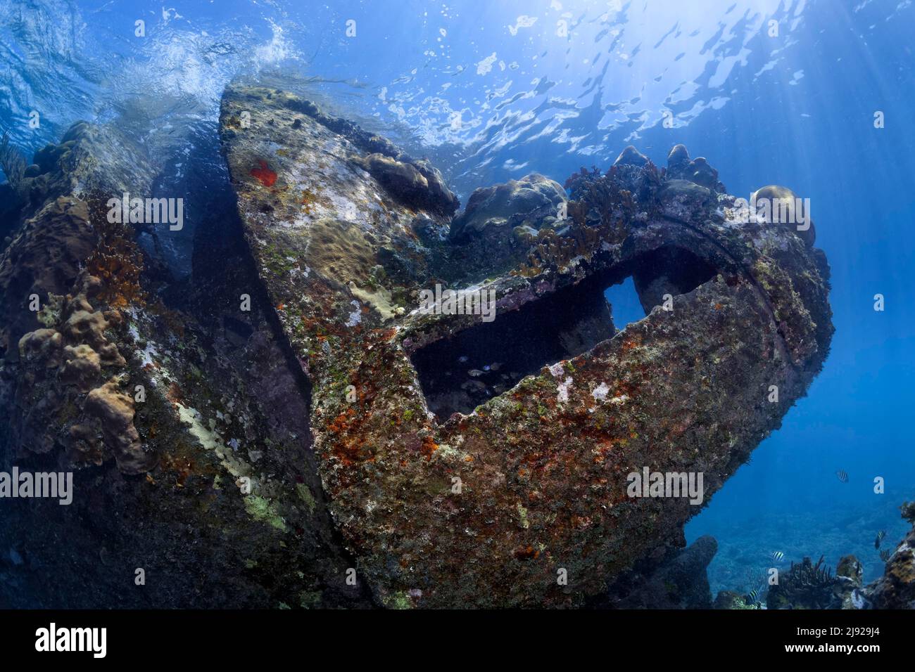 Geschützturm, Schiffswrack, Wrack auf Sandboden, Spanischer Panzerkreuzer Christobal Colon, am 03 in der Seeschlacht vor Santiago de Cuba auf Grund gelaufen Stockfoto