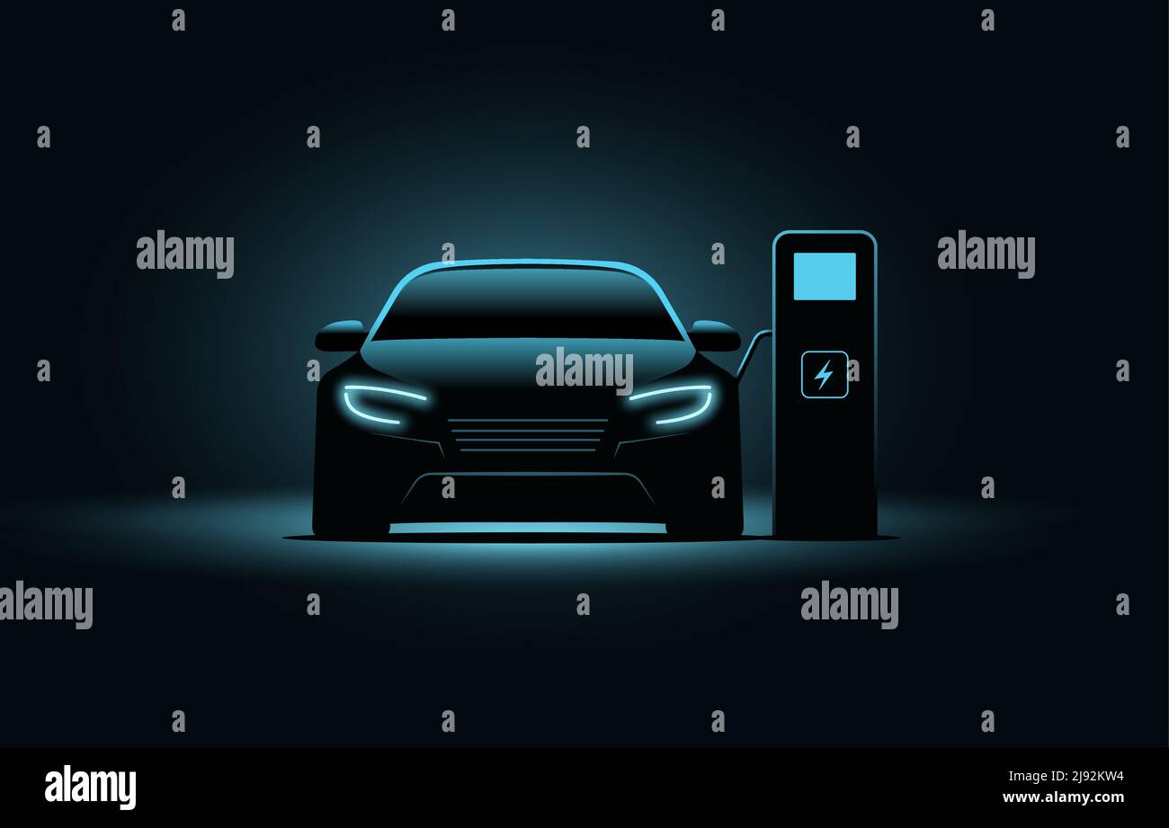 Elektroauto EV Ladestation Vektor-Konzept. Elektrische Kfz-Ladegerät Energie Hintergrund Neon Batterie Illustration Stock Vektor