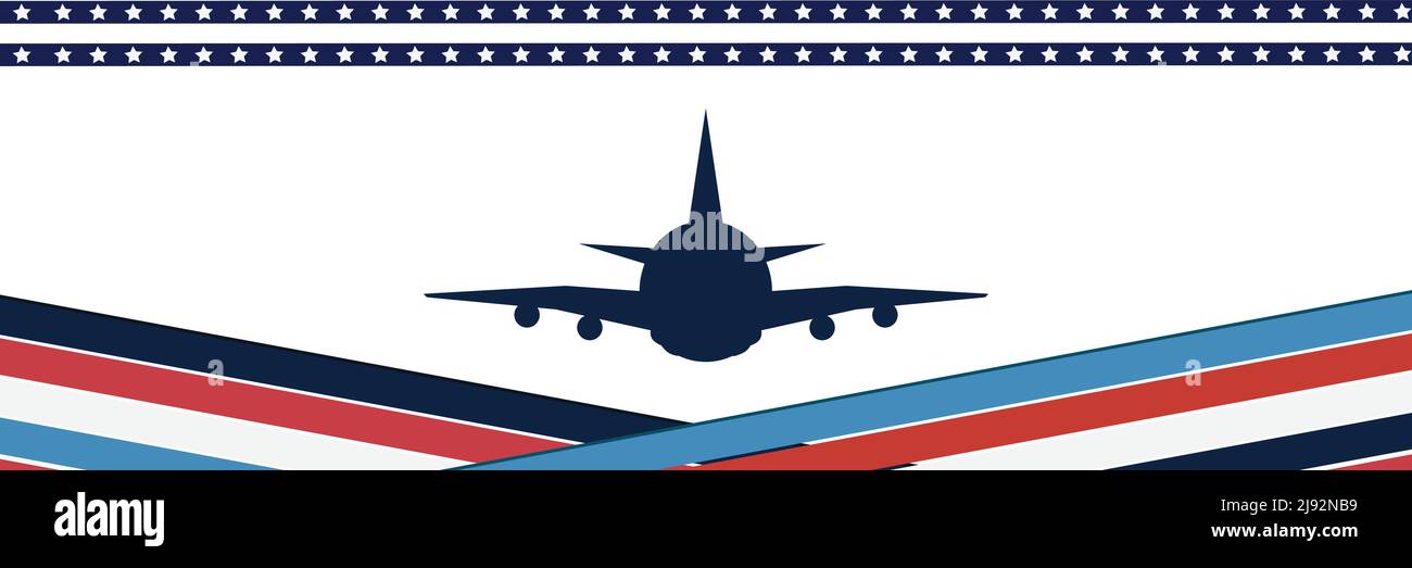 Design mit Flugzeug und amerikanischen Flaggen Farben, Konzept-Design für Banner, Hintergrund, Poster. Copy space. Stockfoto