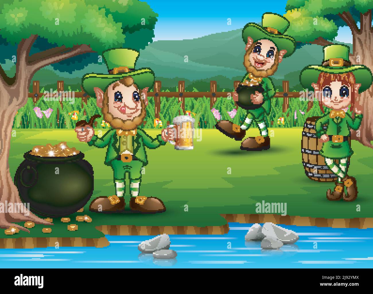 Karikatur-Kobold im Park zur Parade der Feier zum Happy St. Patrick's Day Stock Vektor