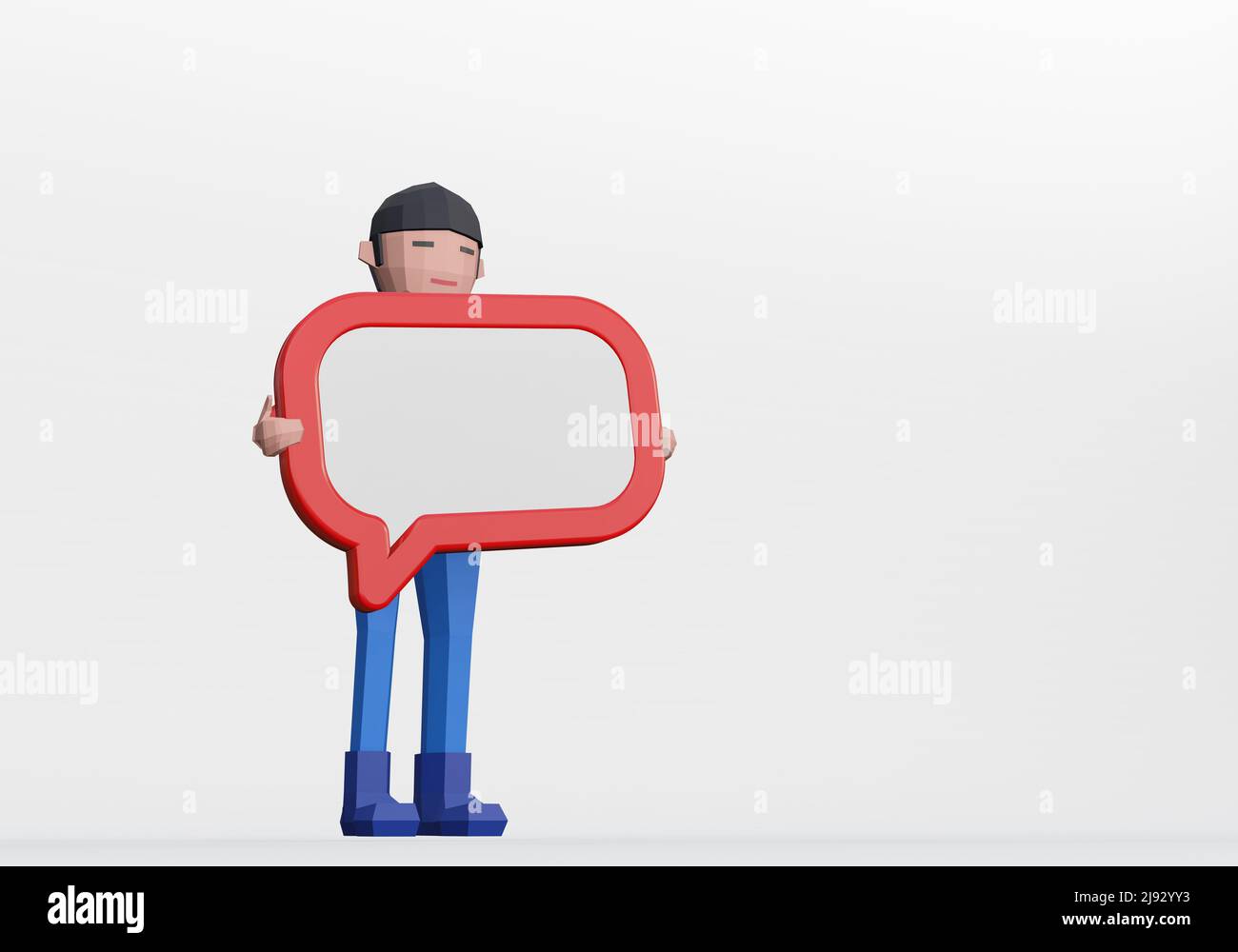 3D Wiedergabe eines Zeichentrickfilms mit einer Chat-Box-Nachricht oder einem Informationboard. Stockfoto